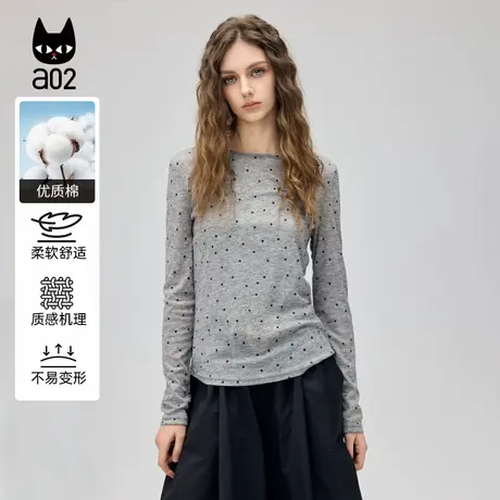 a02修身波点圆领长袖T恤女2025春季新款韩系设计感打底内搭上衣图片
