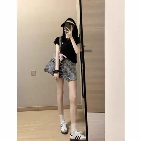 辣妹黑色正肩短袖t恤女夏季修身短款小马印花小个子显瘦气质上衣商品大图