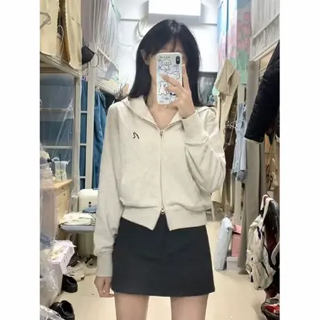 双拉链设计感小众连帽卫衣女春秋季韩版宽松短款小个子薄款上衣潮图片