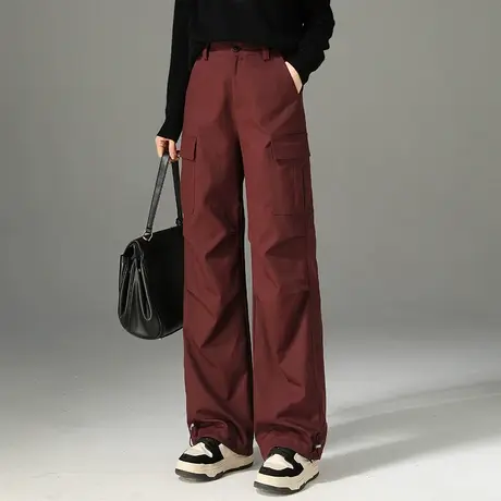 安可拉红阔腿工装裤女春秋2025年新款大口袋宽松束脚直筒休闲裤子商品大图