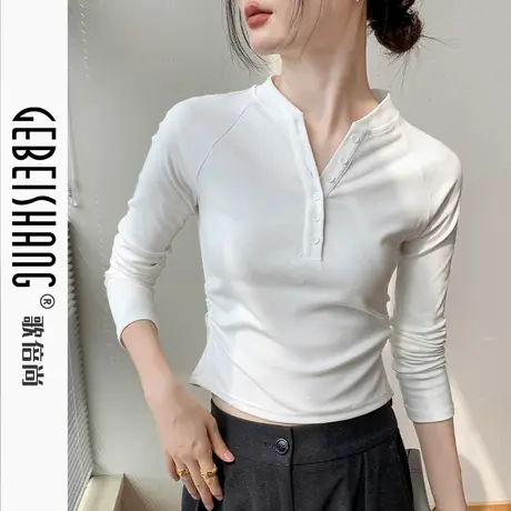 纽扣半开领长袖T恤女2024秋季新款纯棉修身显瘦纯色设计感亨利衫商品大图