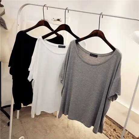 韩版露肩大领口短袖t恤女夏季薄款宽松莫代尔打底衫百搭锁骨上衣商品大图