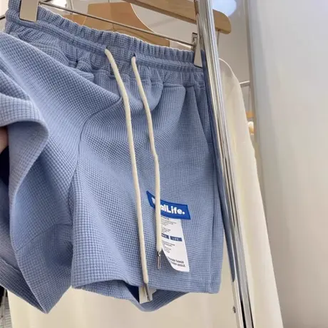 夏季2025新款华夫格阔腿短裤女韩版高腰宽松休闲运动沙滩热裤潮牌商品大图