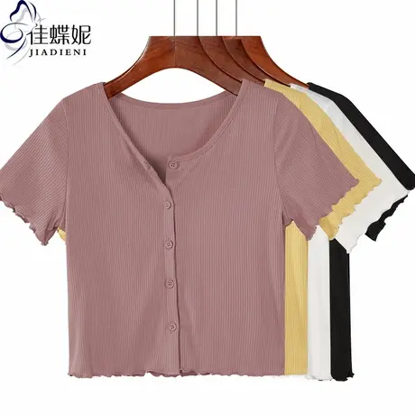 夏短袖短款气质高腰体恤上衣内搭T恤纯棉圆领木耳边纽扣外套 开衫商品大图