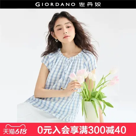 设计师款佐丹奴格纹衬衫女夏新款纯棉宽松圆领短袖衬衣女18345508图片