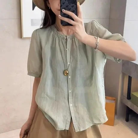 2025夏季新款衬衫女短袖宽松显瘦气质百搭圆领设计感气质上衣潮图片