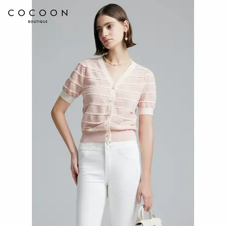 COCOON商场同款针织衫2024夏款温柔粉白条纹V领设计舒适针织开衫商品大图