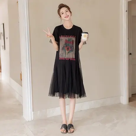 爵莱菲大码圆领连衣裙2025夏季新款时尚印花中长款拼接大码女装图片
