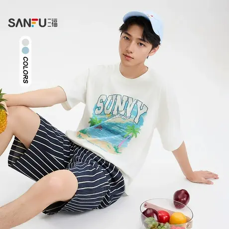 三福2025夏季男士胸前图案短T恤 休闲圆领落肩时尚上衣504041商品大图