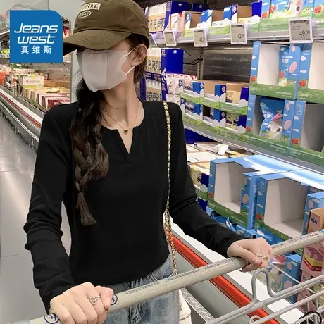 NOB真维斯黑色长袖上衣女2025春季设计感青少年小v领修身打底T恤图片