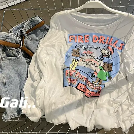 夏日清凉轻薄透气冰感天丝长袖T恤女2025春夏款韩版卡通防晒上衣商品大图