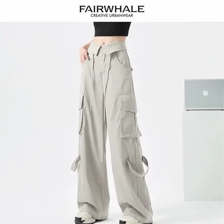 马克华菲美式工装裤女春秋季薄款直筒翻边高腰设计感休闲裤阔腿裤图片