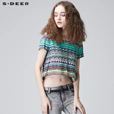 s.deer【新品】圣迪奥女装民族风图腾印花短款圆领上衣S17280105图片