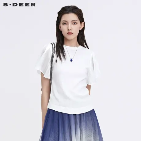 sdeer圣迪奥女22夏装新品罗纹圆领网纱拼接纯色短袖T恤S222801A6图片