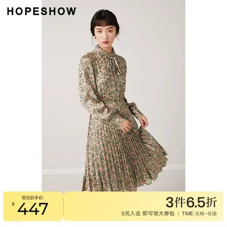 红袖outlets飘带领碎花裙hopeshow2023秋季新款女收腰翻领连衣裙图片