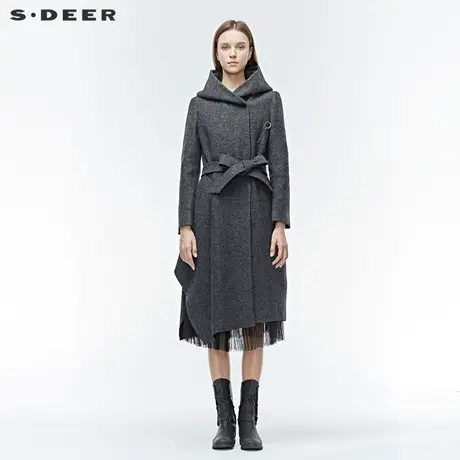 【直播间专属】sdeer圣迪奥连帽胸针插袋收腰不规则大衣S19481810图片