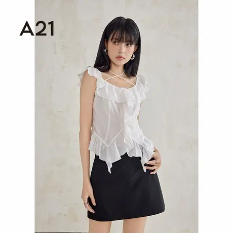 A21女装全开襟无袖衬衫夏季纯色设计感法式衬衣女商品大图
