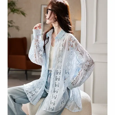宝诗黎烫钻刺绣镂空衬衫女2025夏季洋气设计感气质宽松防晒衬衣图片