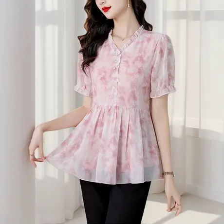气质胖mm中长款雪纺衫女新款夏装碎花高级感遮肚子短袖妈妈上衣商品大图