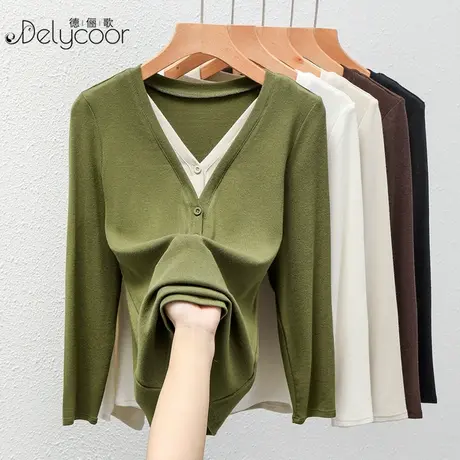 【七彩妖肌】假两件V领打底衫女2025春秋新款内搭设计感小众上衣商品大图