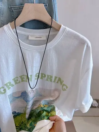 清新文艺油画风~韩国冰凉爽滑雪花棉减龄显瘦纸片人T恤女夏季上衣商品大图