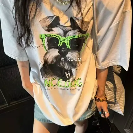 2025夏季新款时尚宽松百搭卡通狗狗印花短袖T恤女百搭半袖上衣潮图片