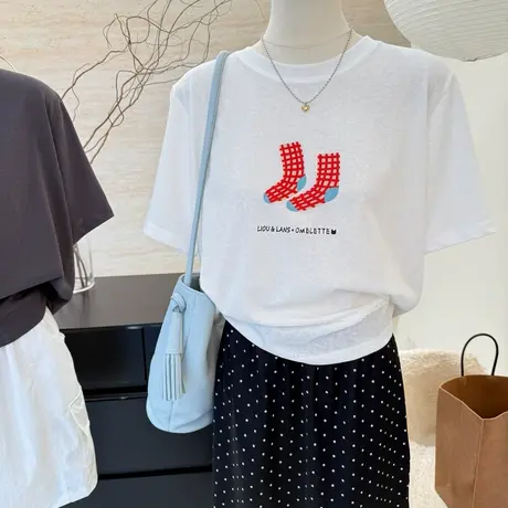 夏季新款韩系趣味印花宽松t圆领简约百搭雪花棉短袖T恤女休闲上衣商品大图