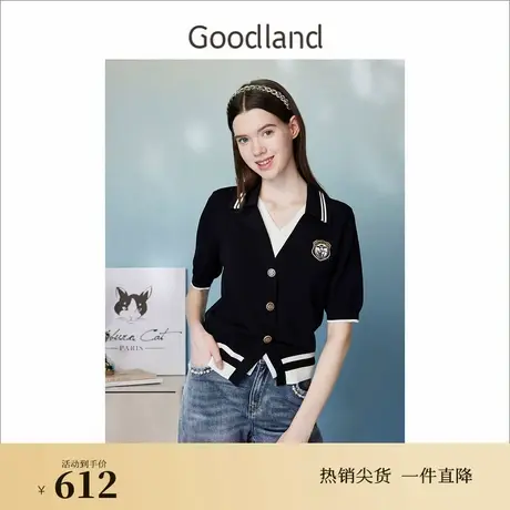 【赫本猫联名】Goodland美地女装夏季时尚撞色海鸥领针织衫图片