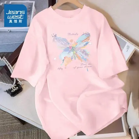 JR真维斯2025夏季女装抽褶正肩宽松休闲短T百搭时尚潮流圆领印花商品大图