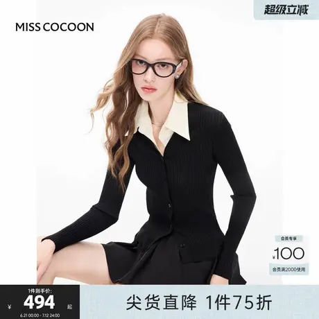 MISSCOCOON黑色POLO领打底上衣女2025秋季新款拼接修身毛针织衫商品大图