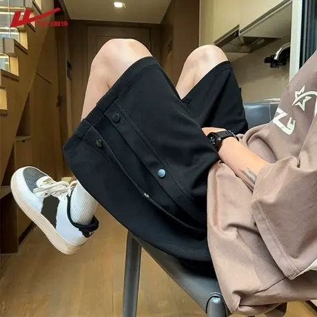 回力排扣短裤男士夏季美式潮牌直筒运动中裤子宽松休闲阔腿五分裤商品大图