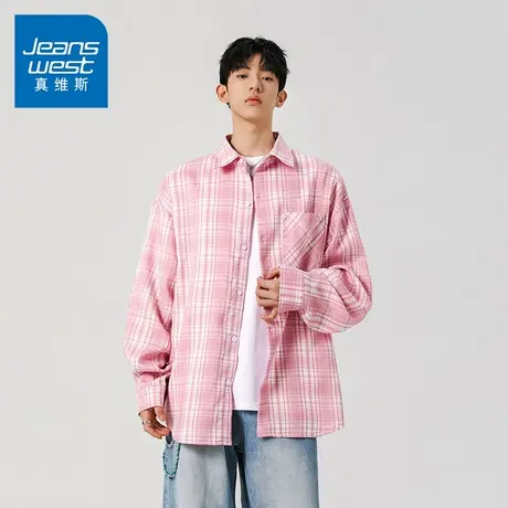 N5真维斯男士长袖衬衫2025秋季新款美式潮流男生粉色休闲宽松衬衣商品大图
