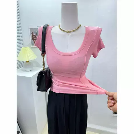 gao性价比～大圆领纯色短袖t恤女修身百搭性感显胸体恤打底上衣夏图片