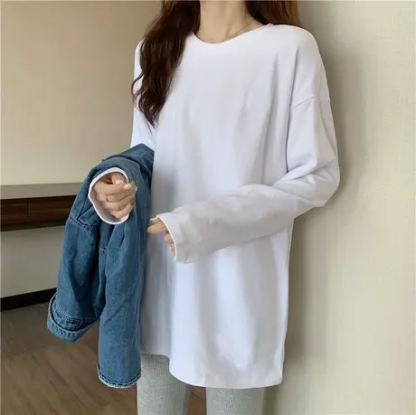 春秋冬季新款加绒打底衫女外穿秋衣宽松上衣卫衣叠穿白色长袖t恤图片