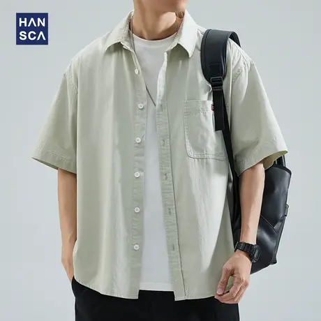 hansca日系复古工装短袖衬衫男夏季潮牌翻领纯色宽松痞帅衬衣外套商品大图