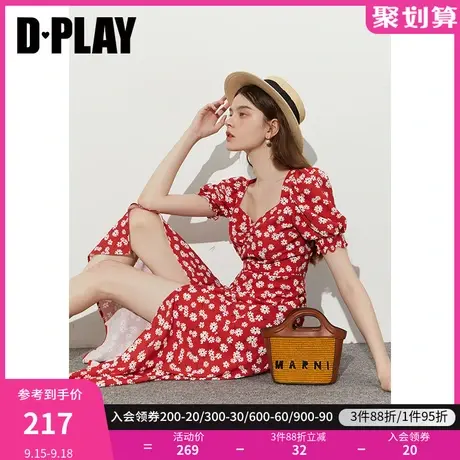 DPLAY2023秋装夏新度假红底雏菊印花法式复古泡泡袖茶歇开衩长裙图片