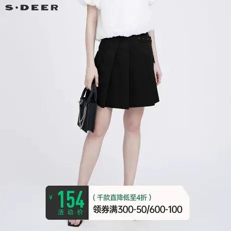 sdeer圣迪奥学院风黑色短裙女夏装休闲工装设计感百褶裙S20281302图片