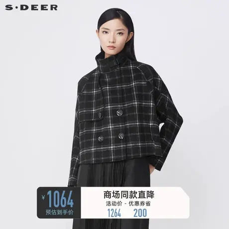 sdeer圣迪奥冬装立领双排扣拼接格纹毛呢外套女S21482212🎅商品大图