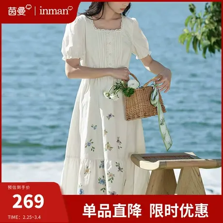 茵曼旗舰店法式方领连衣裙女2024夏季新款高腰显瘦印花a字裙长裙图片