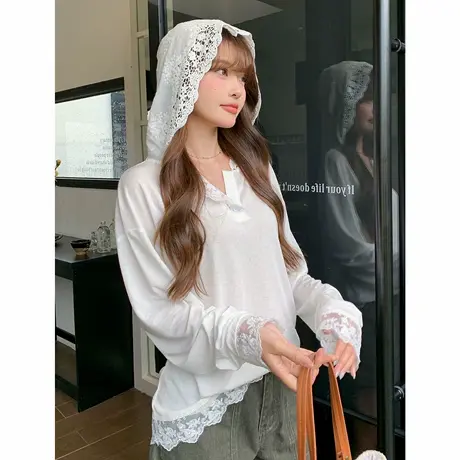 尔给薄款凉感宽松T恤女长袖蕾丝拼接休闲白色防晒连帽设计感上衣商品大图