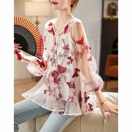 宝诗黎两件套系带蝴蝶刺绣雪纺衫2025夏季设计感洋气短款上衣女图片