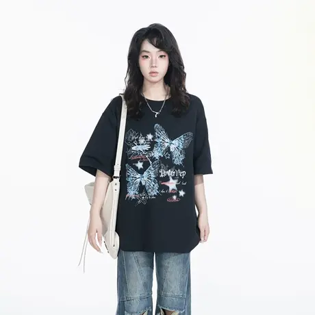 YEP2025春夏新款创意蝴蝶印花T恤情侣款潮牌宽松设计感半袖上衣图片