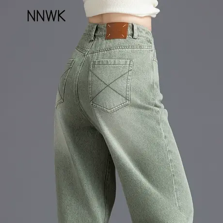 美式复古绿色牛仔裤女2025新款春秋窄版阔腿裤高腰宽松显瘦直筒裤商品大图