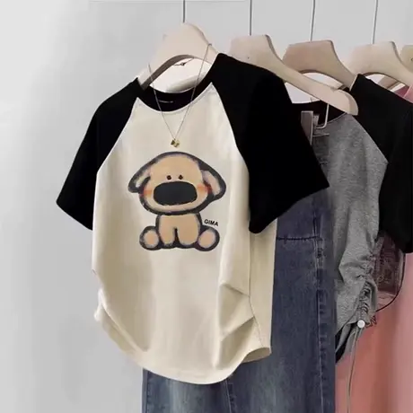 撞色拼接插肩短袖T恤女夏季韩版宽松内搭打底衫短款正肩半袖上衣图片