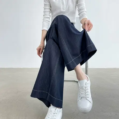 九分蓝色牛仔阔腿裤子女夏季2025薄款高腰小个子宽松显瘦直筒裤子商品大图