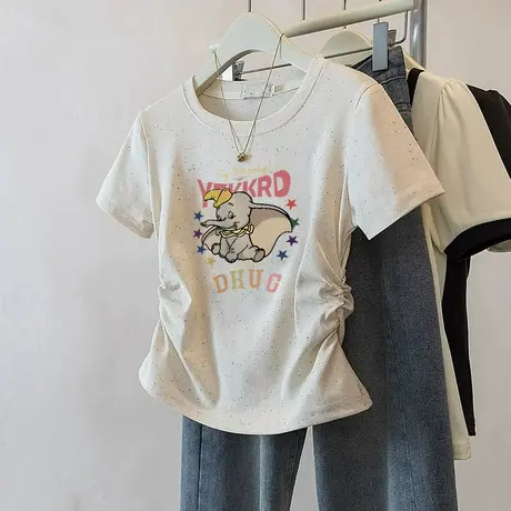 新款夏季正肩高级感彩虹波点修身短袖t恤女圆领短袖褶皱收腰上衣图片