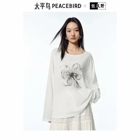 【来了就好】太平鸟国风长袖T恤春夏士季水墨画图案上衣图片