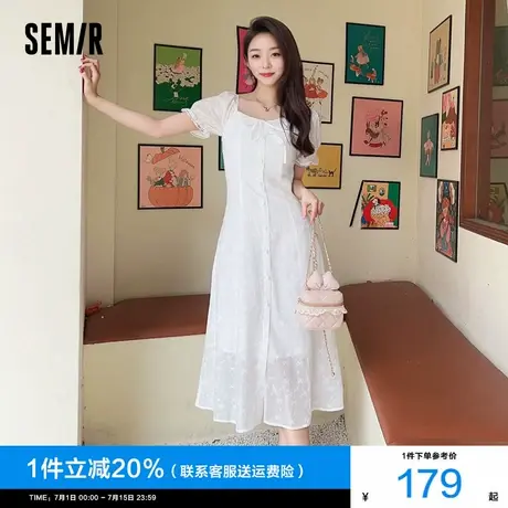 森马连衣裙女设计感重工绣花气质夏2025新款花边翻领泡泡袖小白裙商品大图