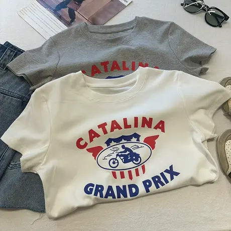 美式复古字母印花圆领短袖T恤女夏季正肩短款休闲百搭小个子上衣图片