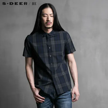 sdeerhe圣迪奥男装商务款时尚舒适简约蓝灰格纹衬衫H15270457图片